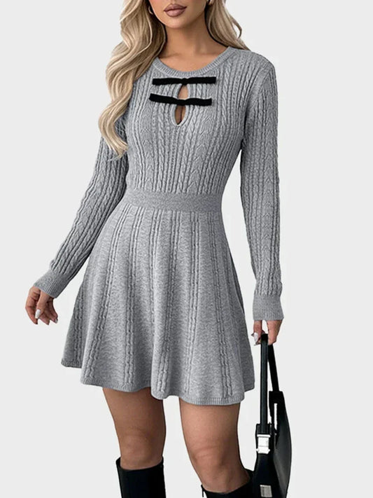 Women Crew Neck Mini A-Line Knit  Fall Winter Casual Sweater Dress