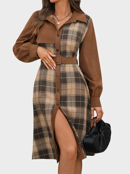 Vintage Plaid Patchwork Dress with Shirt Collar – Casual Office Style